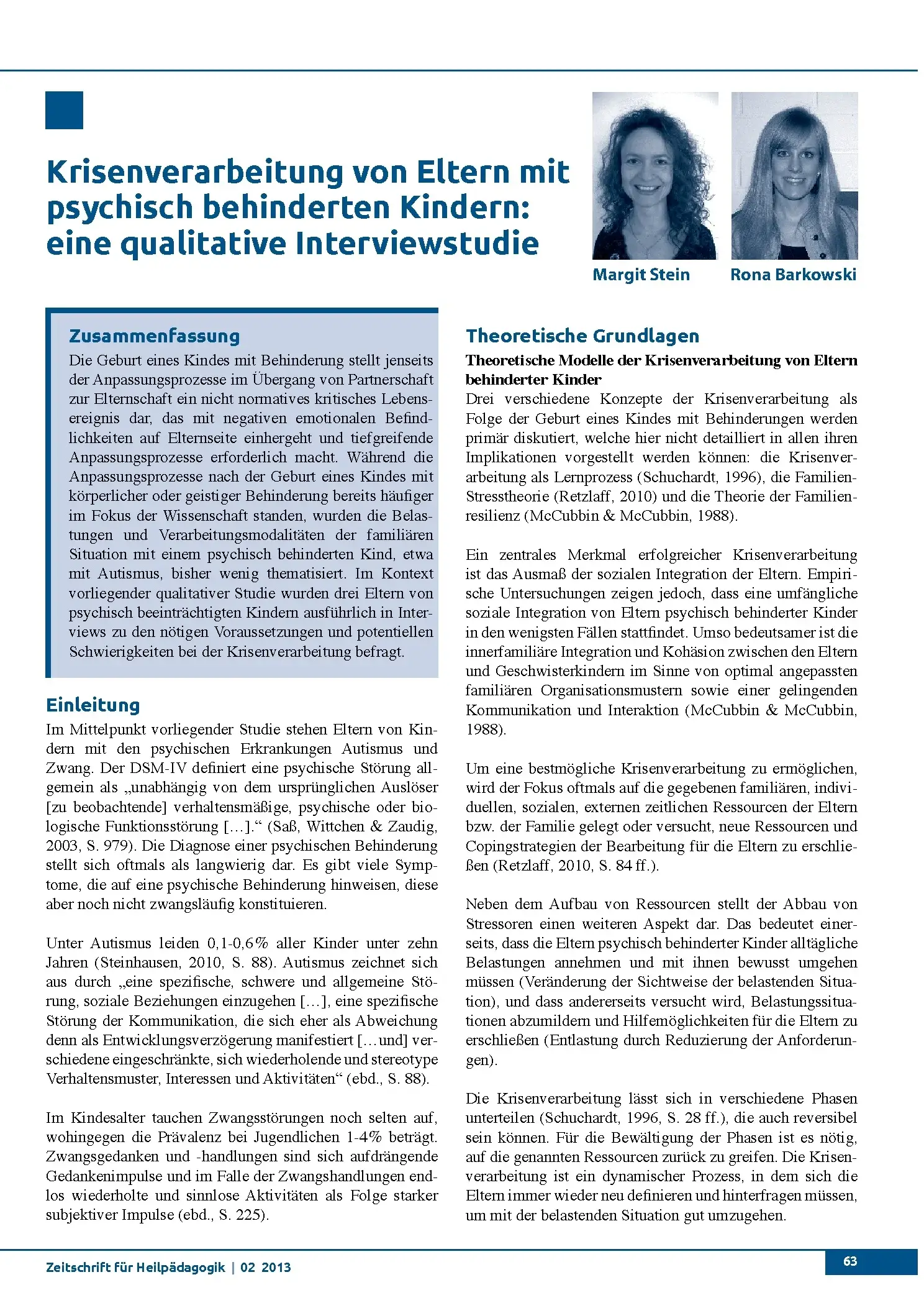 Krisenverarbeitung von Eltern mit psychisch behinderten Kindern: eine qualitative Interviewstudie