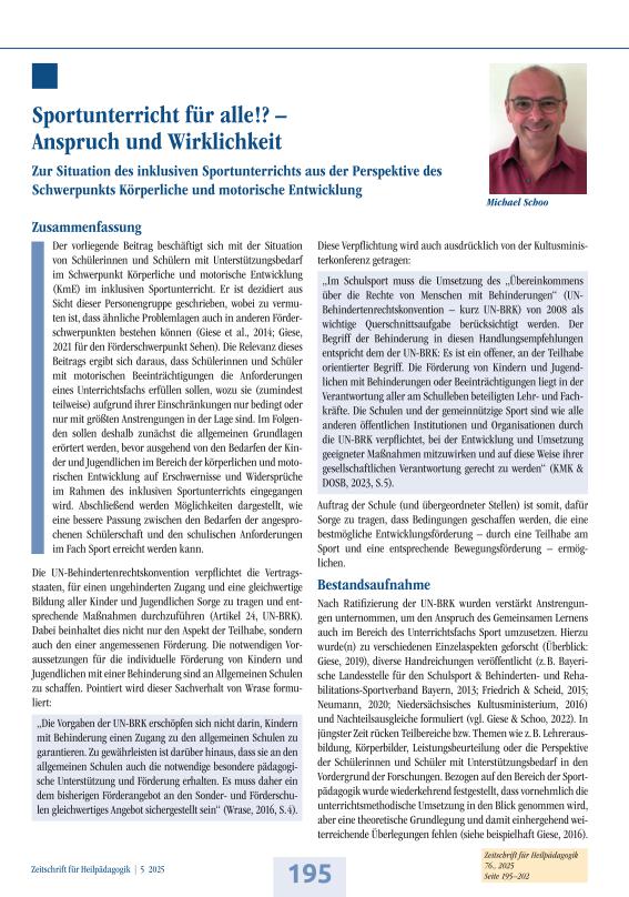 Sportunterricht für alle!? –  Anspruch und Wirklichkeit.   Zur Situation des inklusiven  Sportunterrichts  aus der Perspektive des Schwerpunkts   Körperliche und motorische Entwicklung