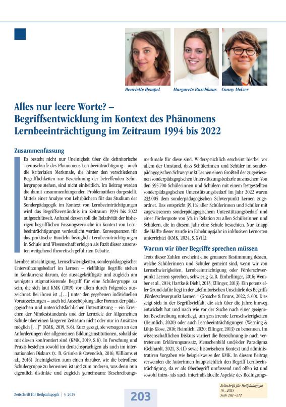 Alles nur leere Worte? –  Begriffsentwicklung im Kontext  des Phänomens Lernbeeinträchtigung  im Zeitraum 1994 bis 2022